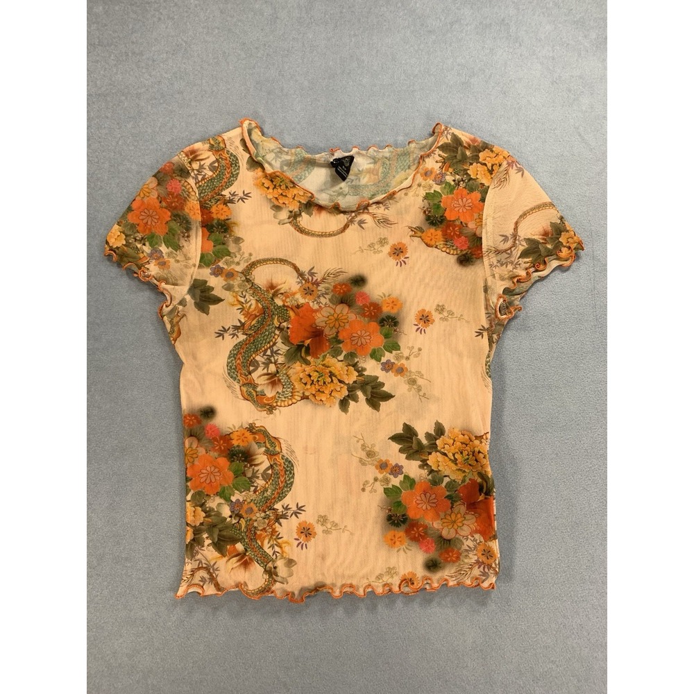 Y2K Urban Outfitters Sheer Floral Dragon Tattoo Top XS
